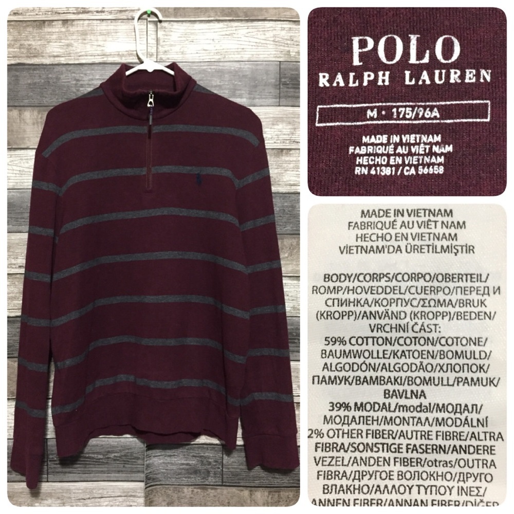 Polo Ralph Lauren Striped 1/4 Zip Pullover Sweatshirt Men’s M Burgundy Gray Soft
